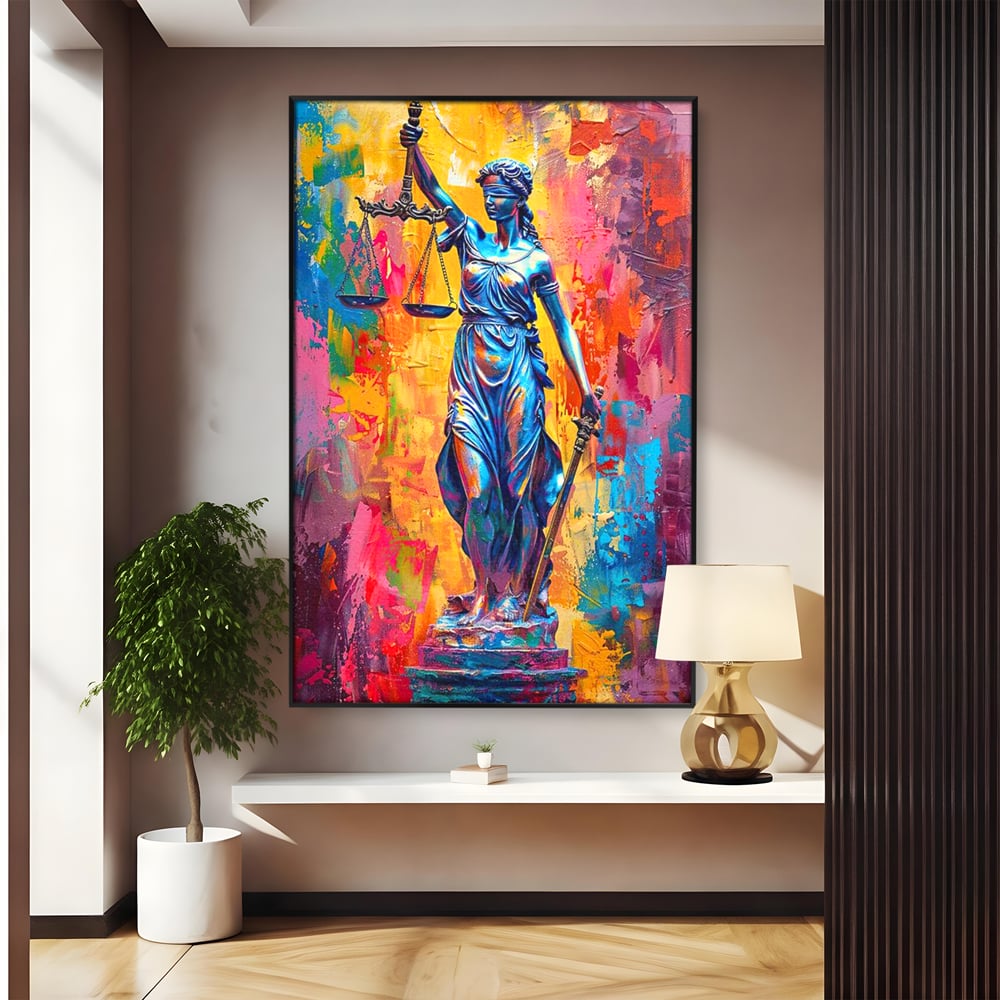 Tablou canvas cu tablou canvas cu zeita justitiei, in rama de aluminiu negru